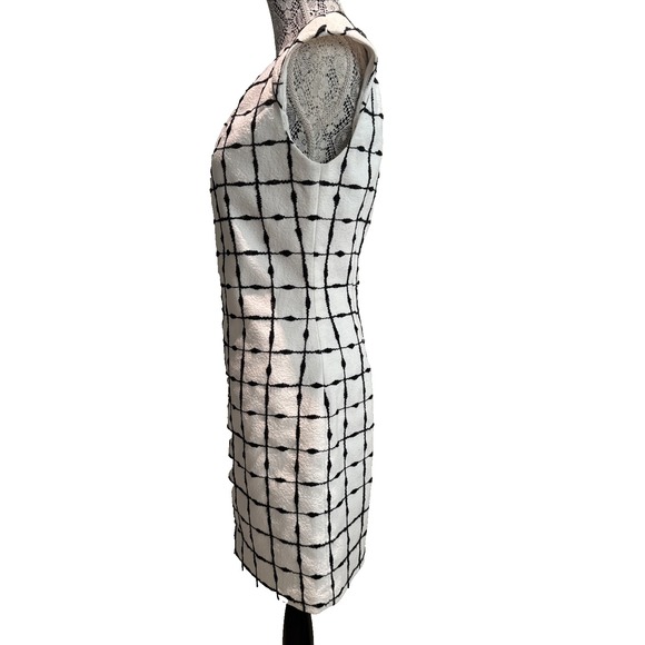 Belle Badgley Mischka Sheath Dress Womens 6 White Black Check Cap Sleeve Office - Picture 4 of 10